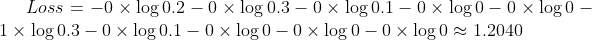 Loss = -0\times\log 0.2-0\times \log 0.3-0\times \log0.1-0\times \log0-0\times \log0-1 \times \log0.3-0\times \log 0.1 - 0\times \log0-0\times \log0-0\times \log0\approx 1.2040